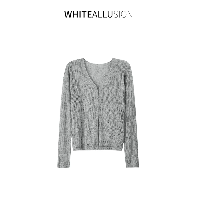 素典【冰感奶油衫】莱赛尔亚麻混纺立体镂空竹节肌理长袖针织衫4388