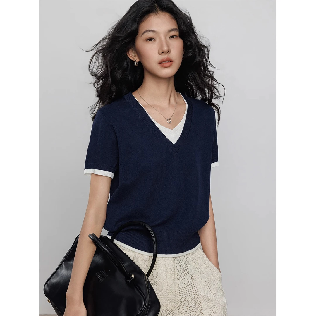 法式老钱风撞色假两件v领短袖针织衫女夏季宽松休闲百搭薄款上衣
