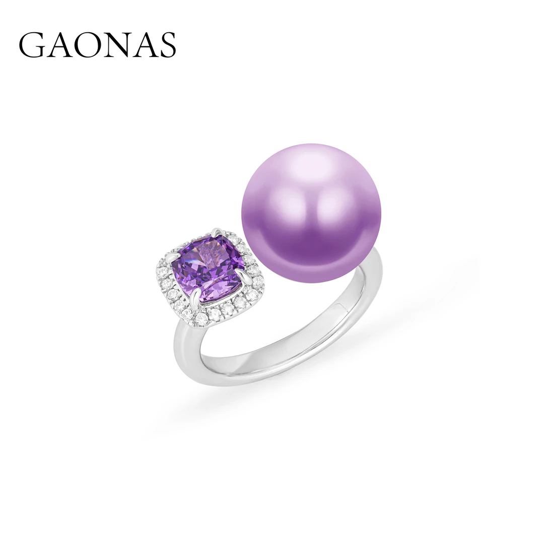 GAONAS 925银仿珍珠戒指 山河万色豪门紫 12mm紫色珠戒指11491JPR