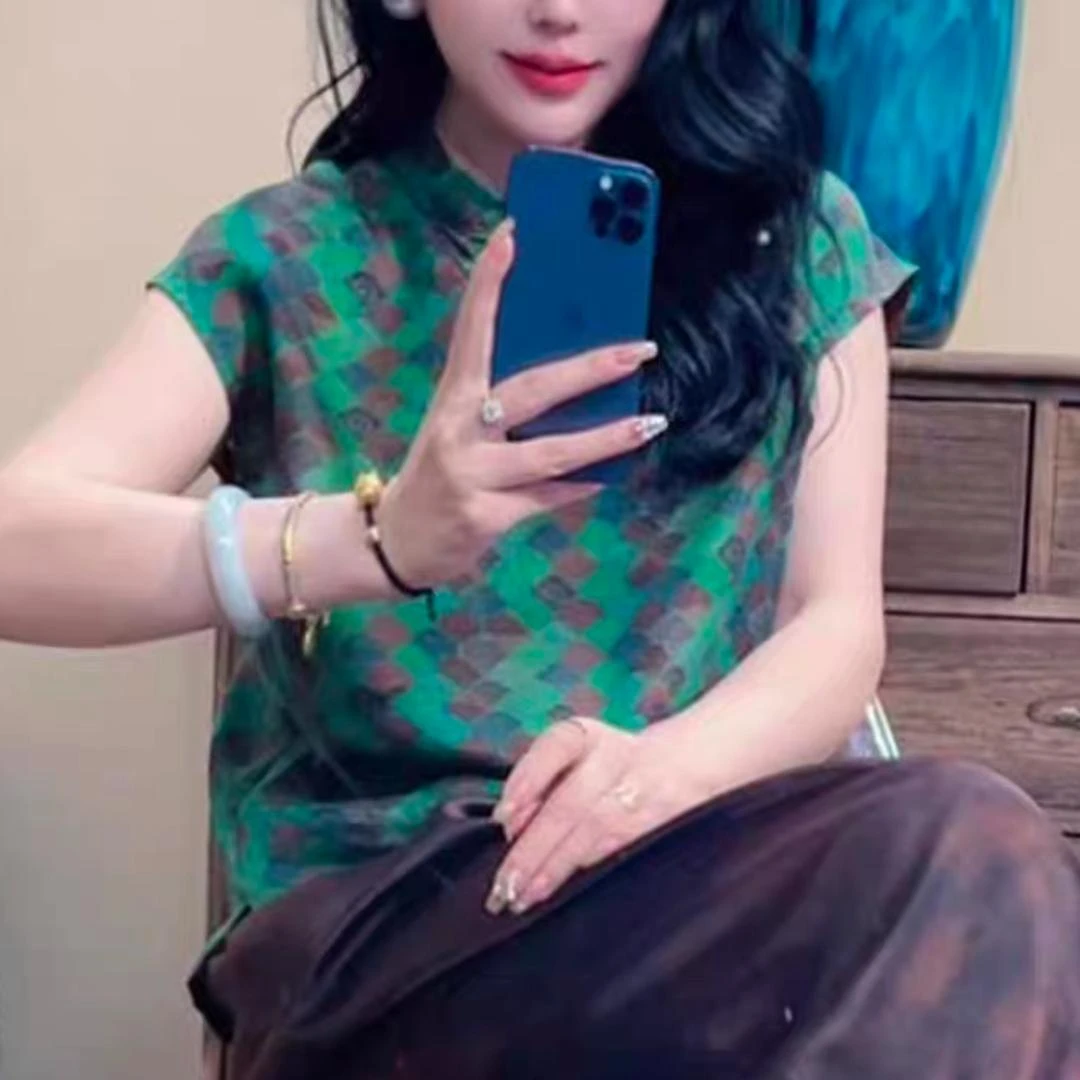 碧水阑珊欧货蚕丝老料夏季新中式国风立领斜门襟复古短袖上衣