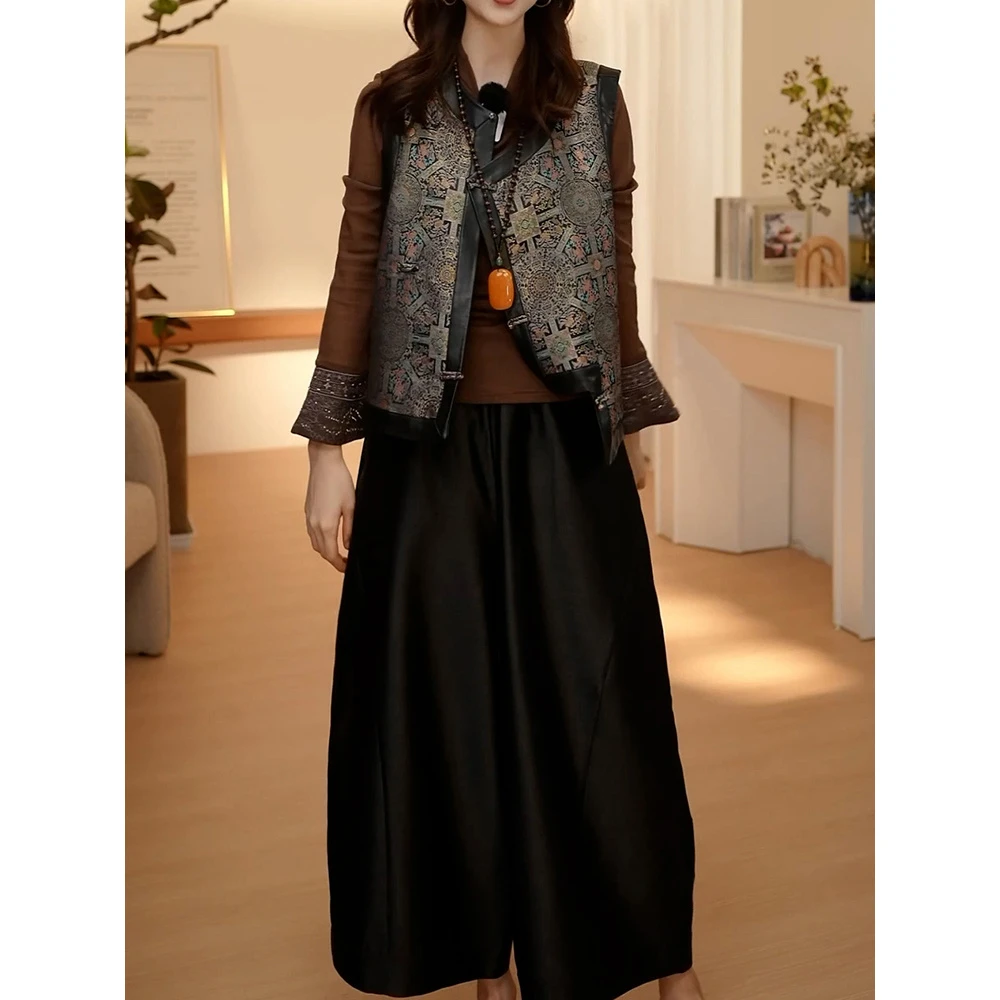 新中式优雅国风套装2025秋季新款复古时尚印花马甲+打底衫+阔腿裤