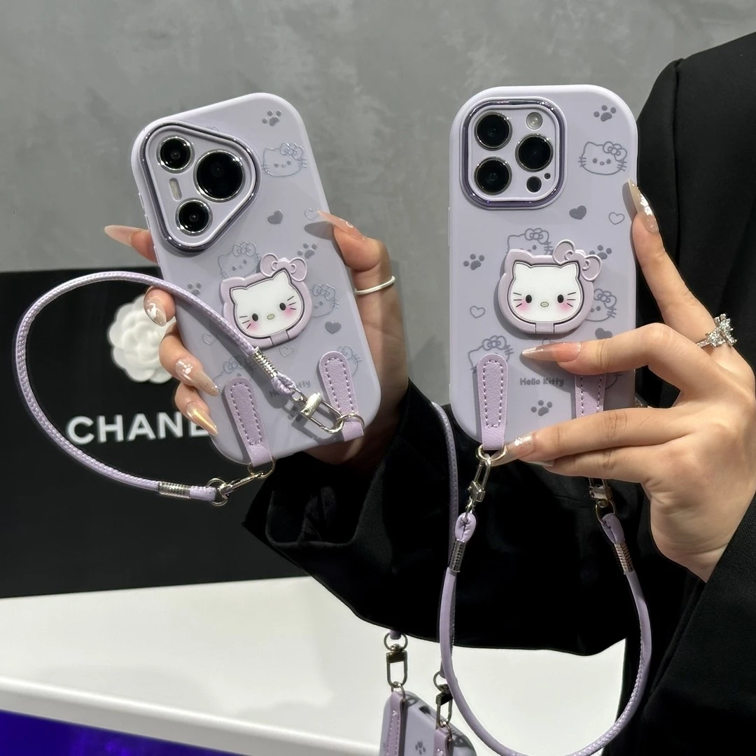 适用香芋紫凯蒂猫支架挂绳苹果17精孔胖子手机壳华为vivo小米oppo