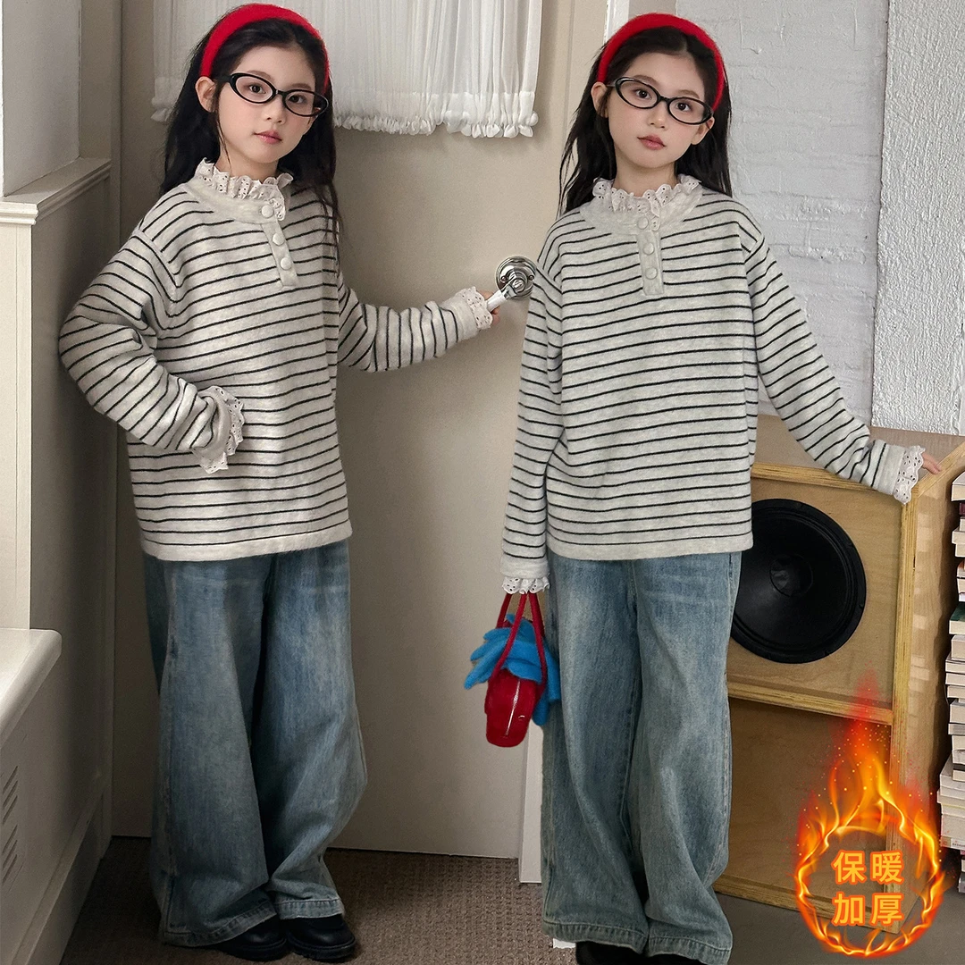 打底衫冬季上衣休闲大童保暖儿童服装跨境女童秋冬条纹毛线衣2025