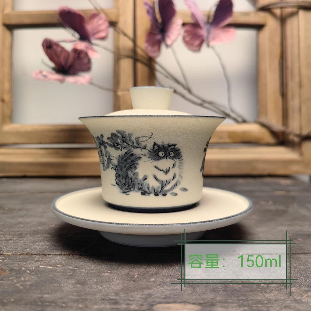 《青花猫咛》马蹄三才盖碗苏打釉复古陶瓷泡茶碗功夫茶具