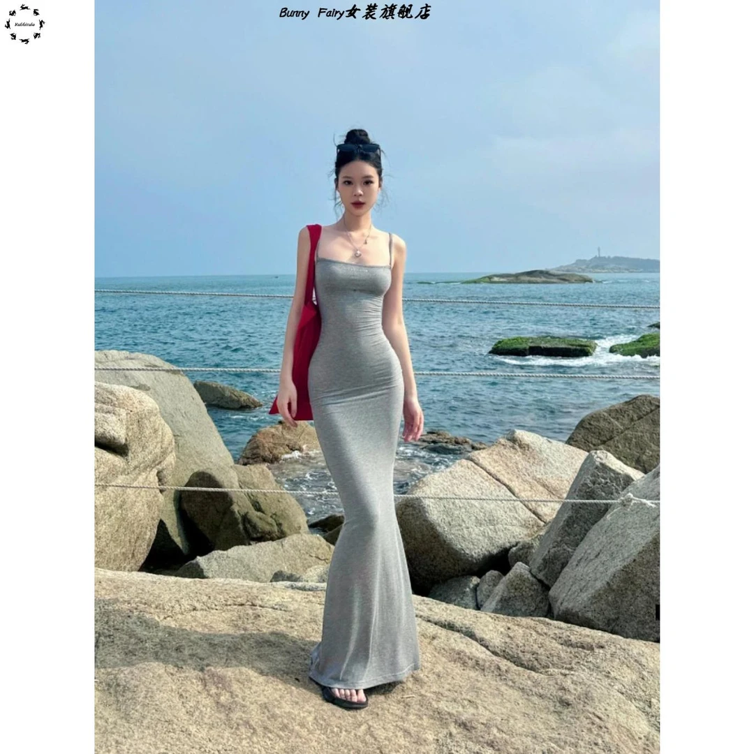 海边度假灰色卡戴珊吊带洋装女夏季紧身性感小妈裙包臀长版裙子