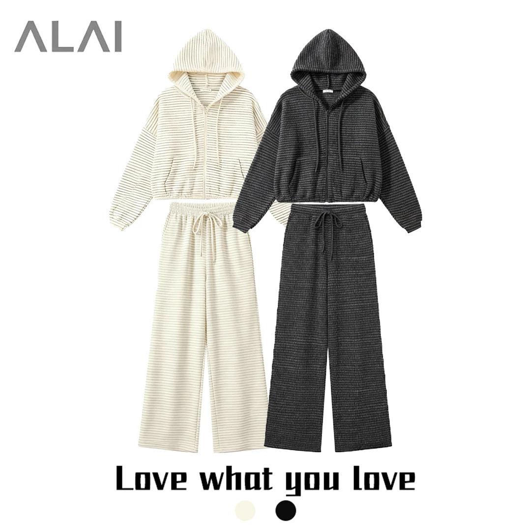 【辣条专属】美式复古条纹开衫连帽女冬宽松拉链套装26337