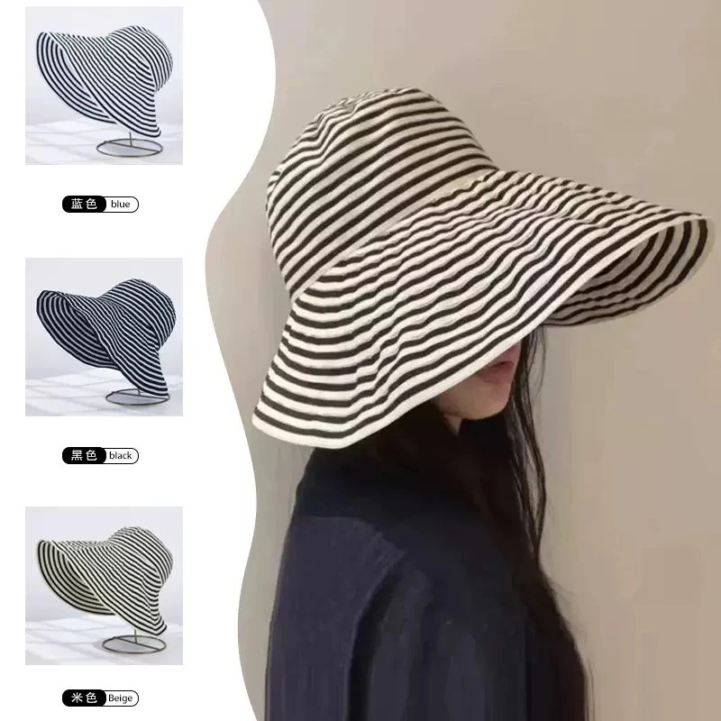 日系可折叠夏季条纹渔夫帽女新款长防晒帽子时尚盆帽大头围太阳帽