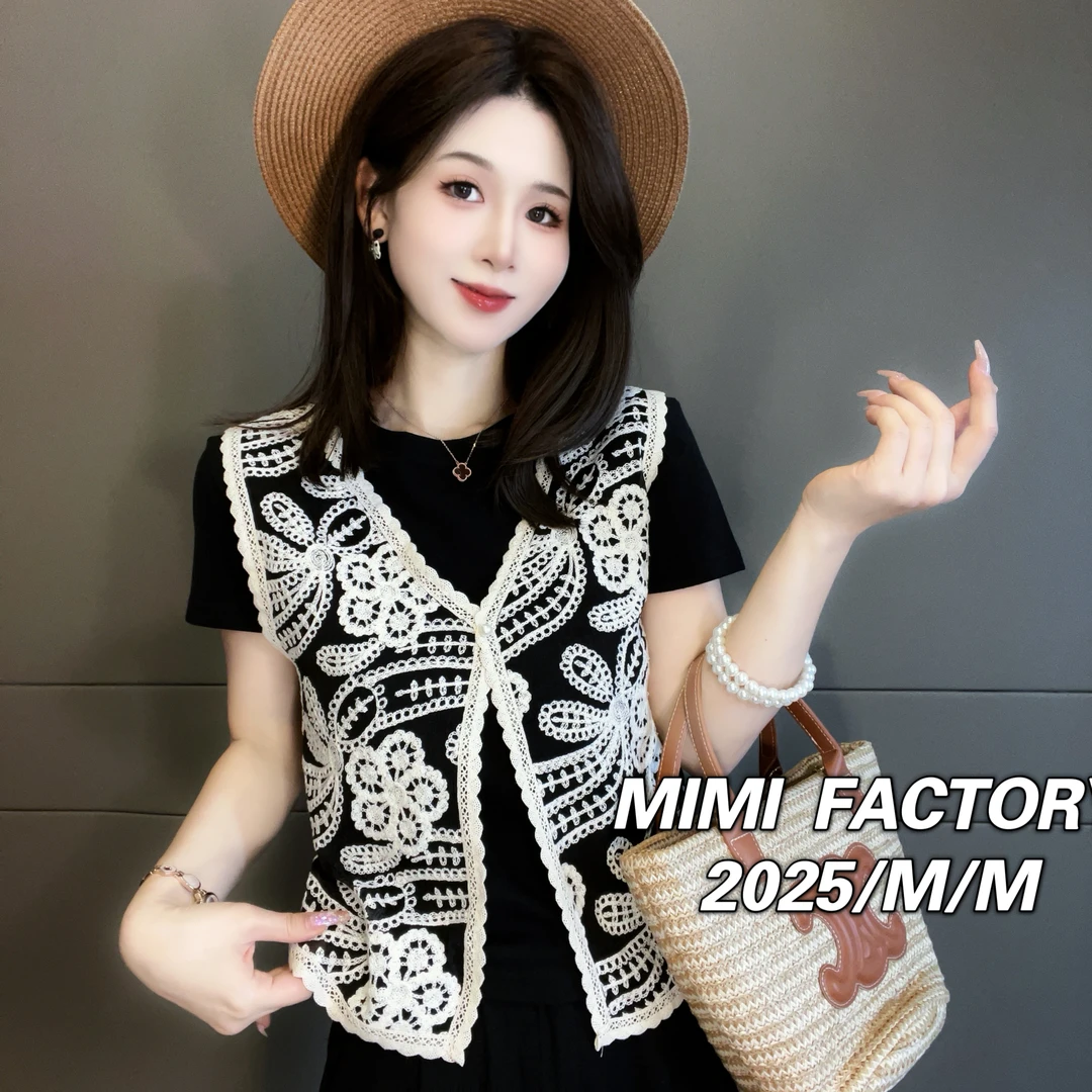 芈芈 2025新款 重工蕾丝刺绣拼接假两件设计短袖T恤女上衣3503#