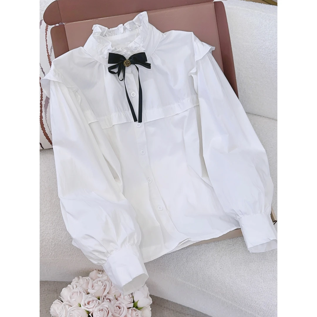丨早秋新款白色气质时尚休闲蝴蝶结系带长袖衬衫 AL0639