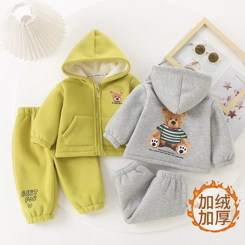 宝宝秋冬季加绒套装男童女童冬装外套外出服婴儿洋气小童装衣服潮