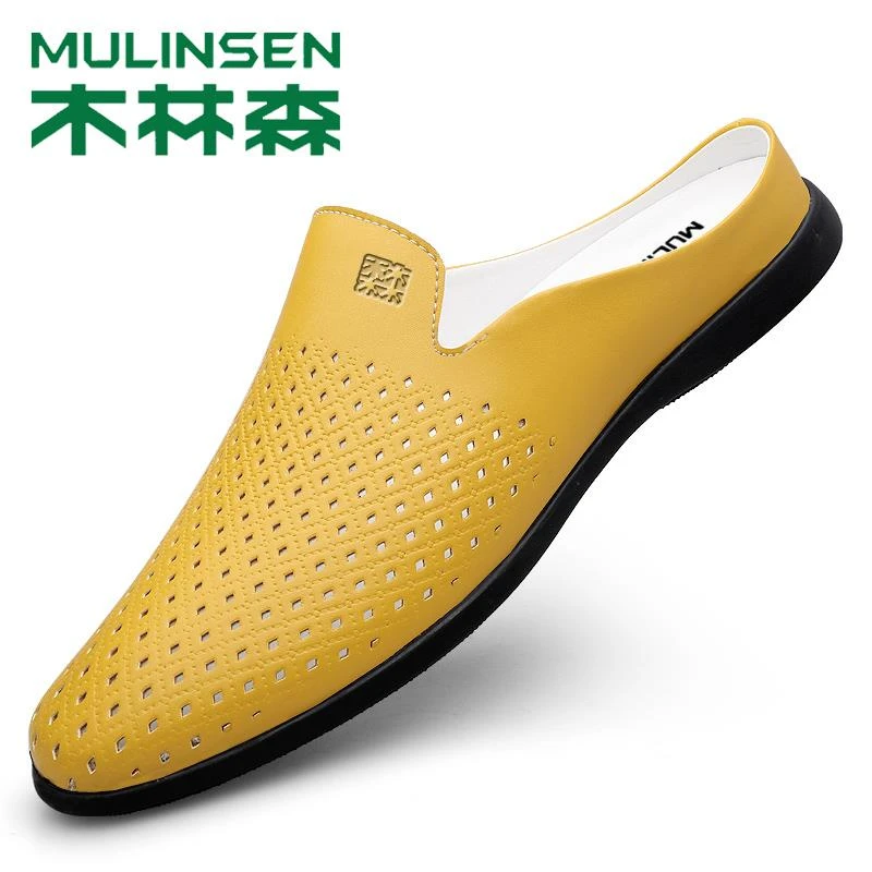 木林森半拖鞋男夏季真皮镂空透气男士皮凉鞋一脚蹬外穿无后跟凉拖