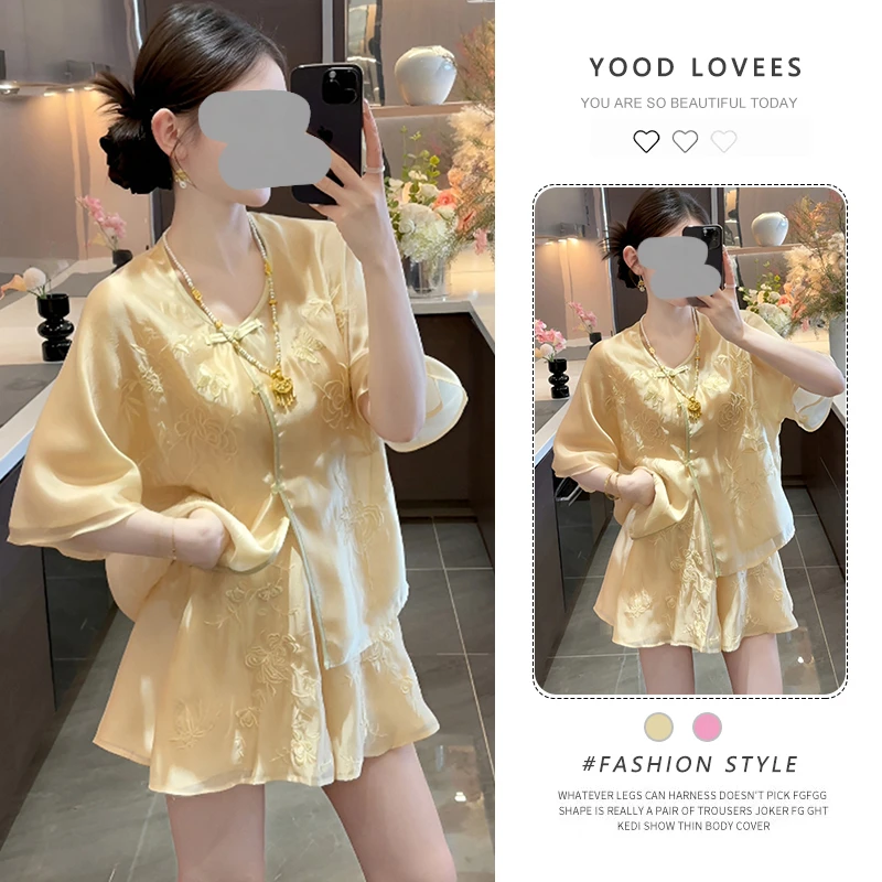 新中式国风女装2025新款绝美高级感盘扣短袖小衫上衣短裤两件套装