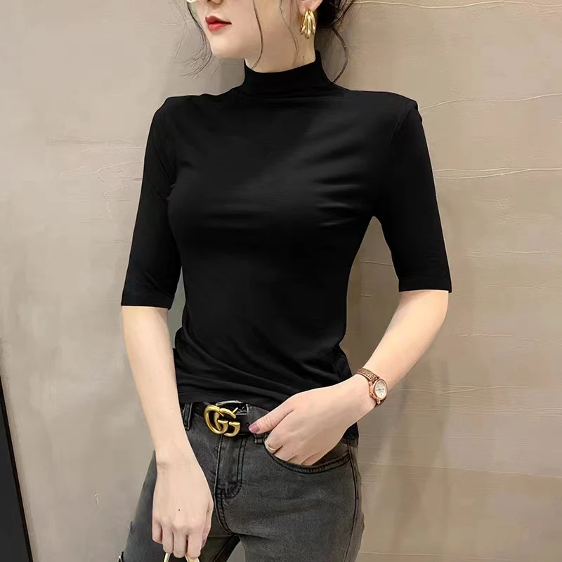 莫代尔春秋半高领中袖打底衫女韩版百搭大码内搭修身五分袖上衣潮
