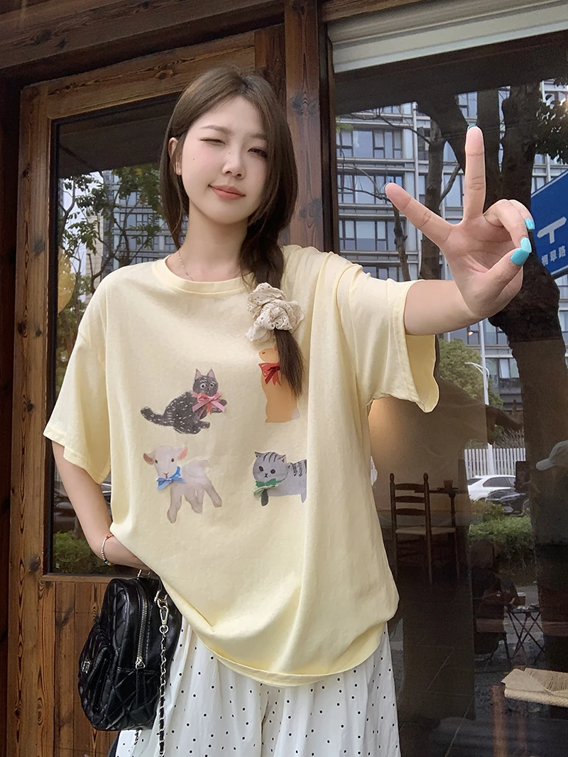 2025夏装新款大码女装甜美卡通印花宽松显瘦短袖T恤