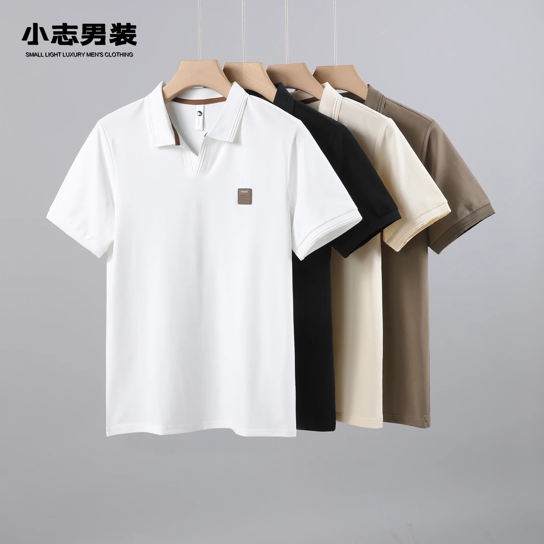 夏季高级感胸前贴标设计V领短袖Polo衫男士潮牌T恤时尚翻领上衣