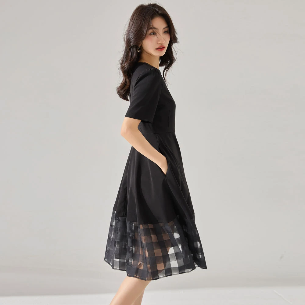 25夏新法式赫本风小黑裙通勤日常气质欧根纱拼接显瘦连衣裙23
