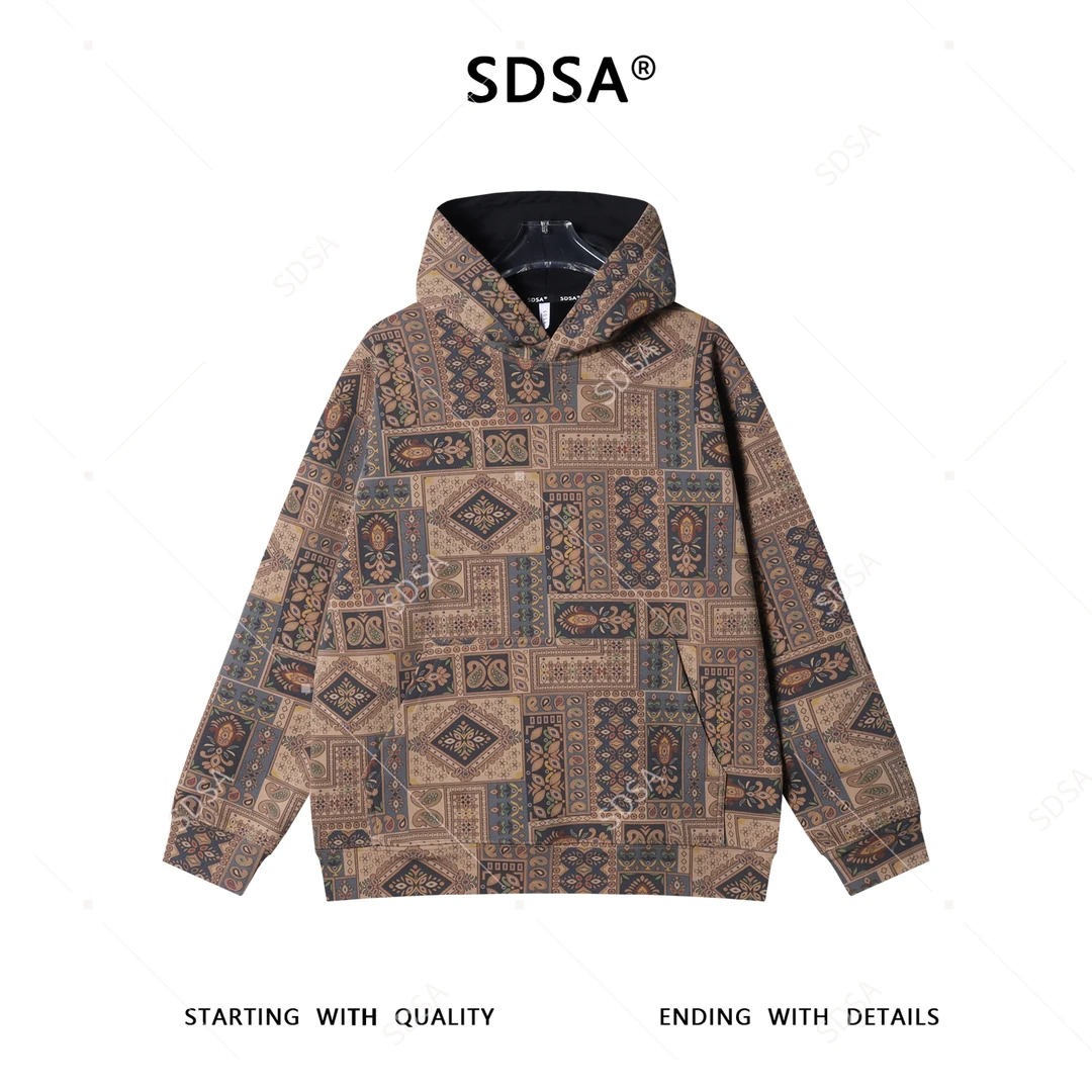 SDSA秋冬新款痞帅男装简约民族风花卉撞色连帽卫衣百搭套头上衣