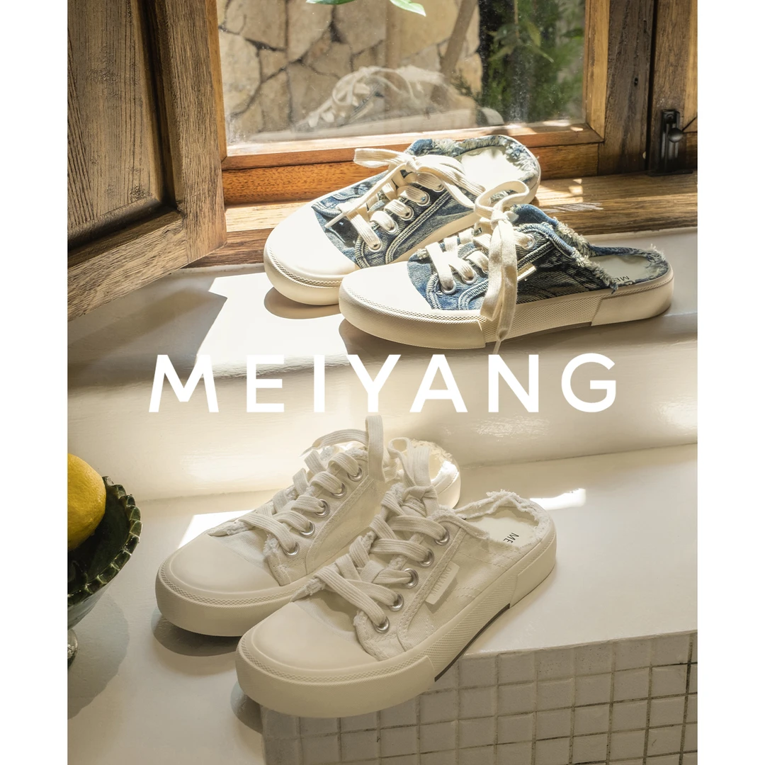 A美洋MEIYANG 流浪记半拖 时髦懒人鞋！破洞水洗简约百搭包头-周二