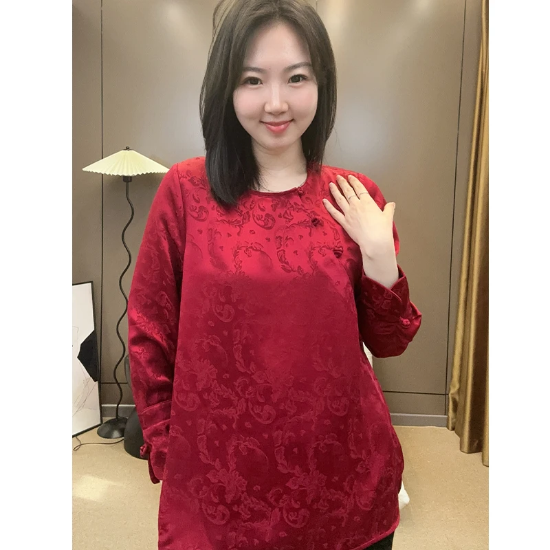 欧韩童话2025秋装暗纹提花气质新中式盘扣长袖上衣女装小衫6760