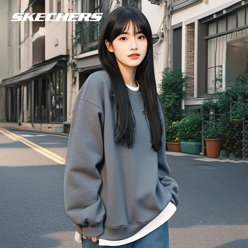 斯凯奇卫衣女士春季运动百搭女装加绒保暖灰色柔软舒适打底套头衫
