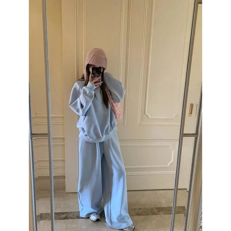 氛围感休闲卫衣套装慵懒纯色圆领长袖女2025秋高腰阔腿裤两件套