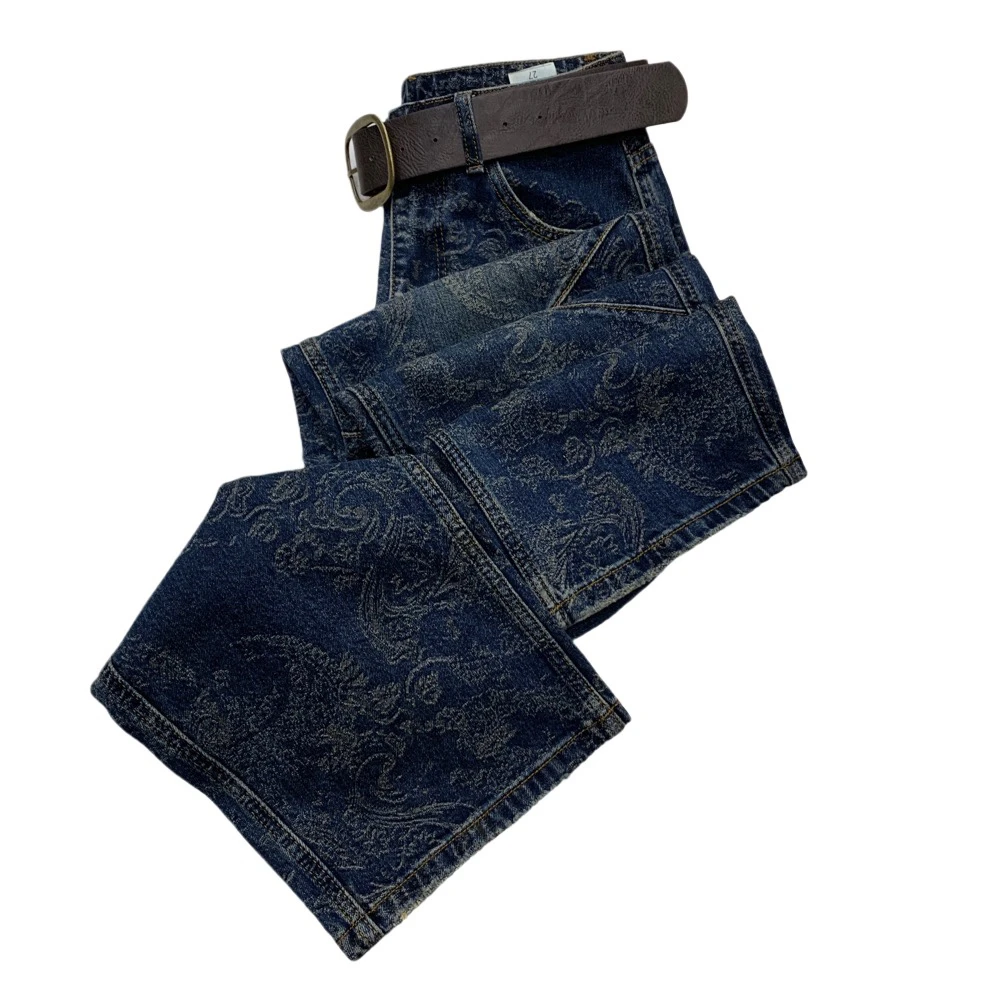 Z91233秋季新款复古提花洋气显瘦直筒牛仔裤（带腰带样式随机）