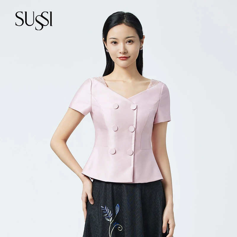 SUSSI/古色夏季商场同款名媛优雅气质V领短袖排扣通勤收腰上衣女