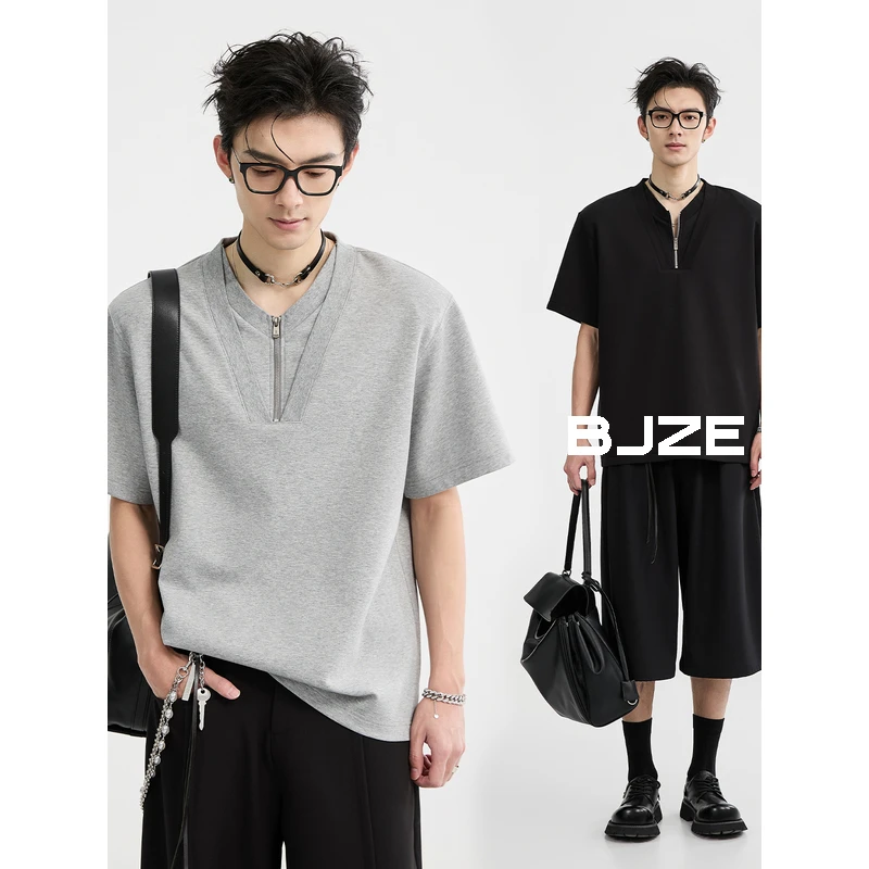 DH25短袖夏季拉链V领舒弹T恤休闲半袖男士纯色复古上衣T521243