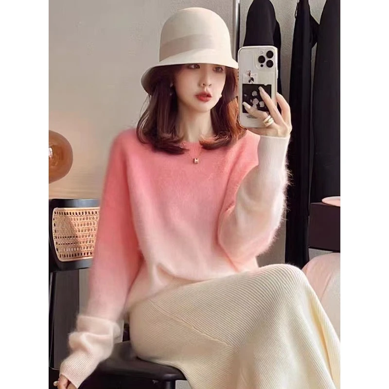 慵懒圆领宽松针织衫打底衫女秋冬长袖休闲内搭气质套头毛衣渐变色