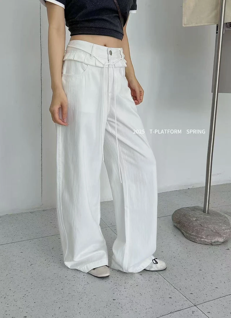 T台 福（1tt25166#）白牛、百搭屁帘假两件阔腿牛仔裤 6-14