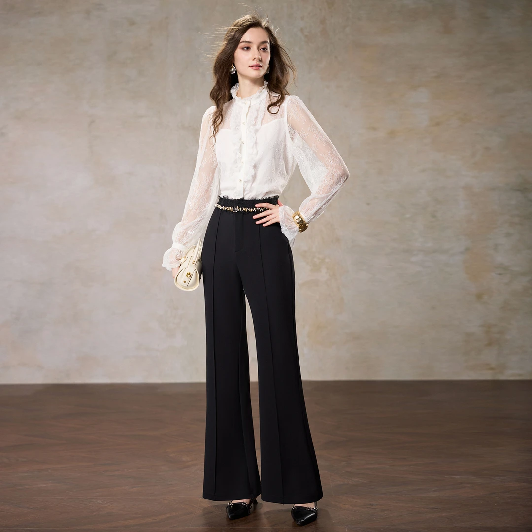 【AUI】AUI黑高腰显瘦微喇裤职业气质修身休闲长裤LD-25W079333