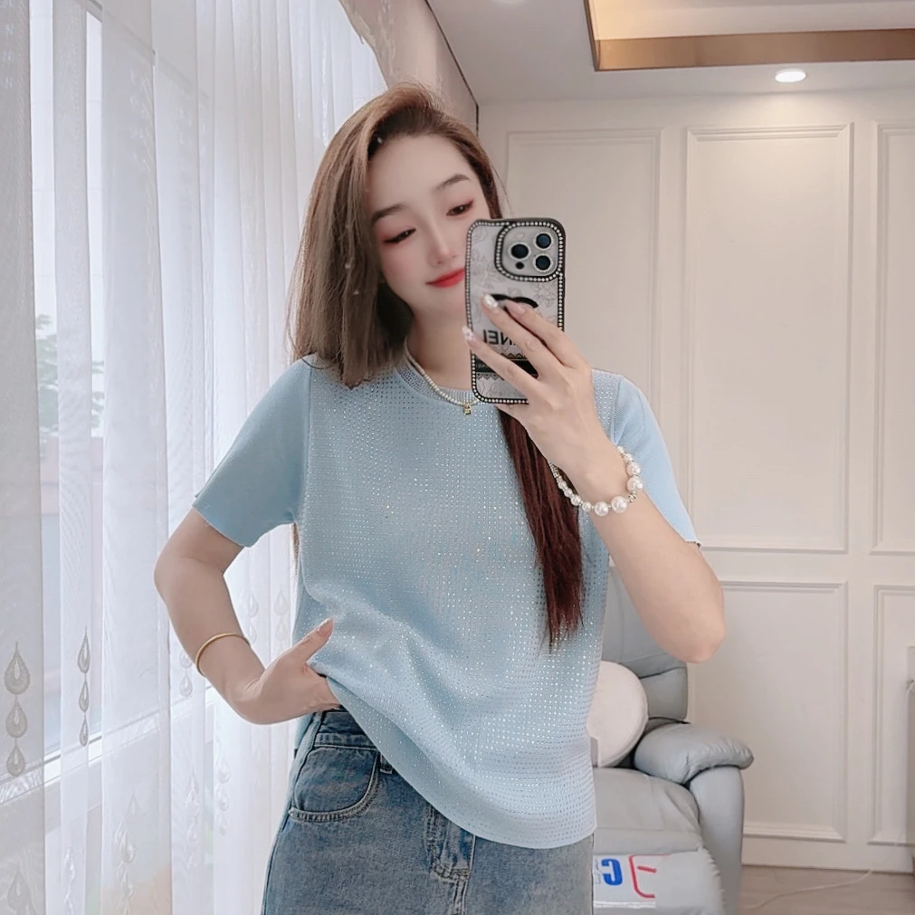 2585现货夏季新款针织衫套头短袖烫钻宽松女装上衣圆领显瘦百搭