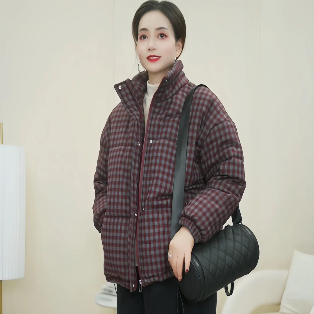 522新款冬季时尚休闲百搭加厚棉服外套宽松格子保暖立领棉衣女