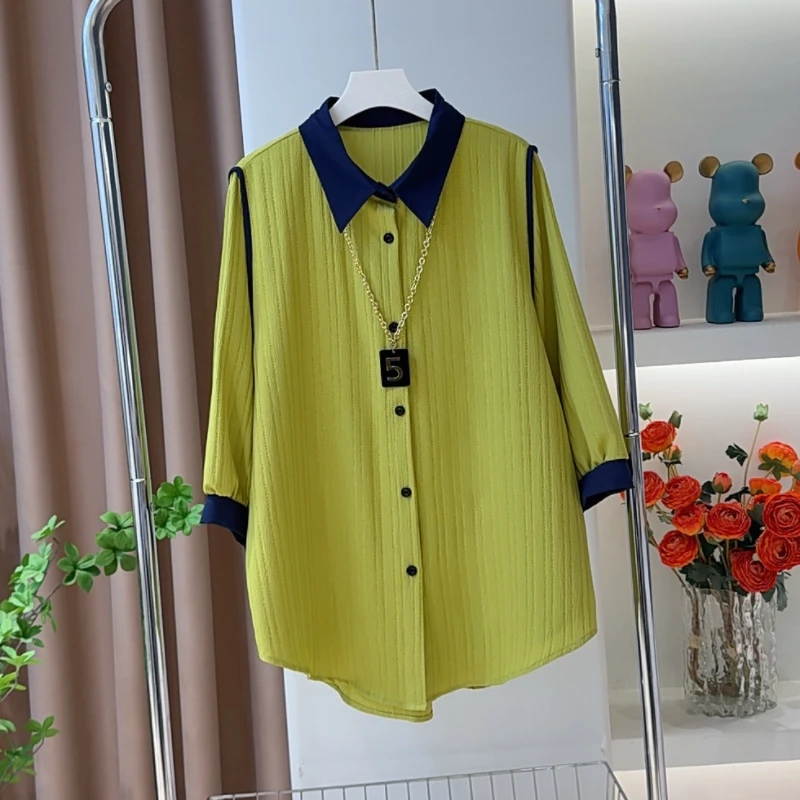 1867撞色边衬衫夏季新款休闲宽松大版显瘦中长款洋气时尚短袖上衣