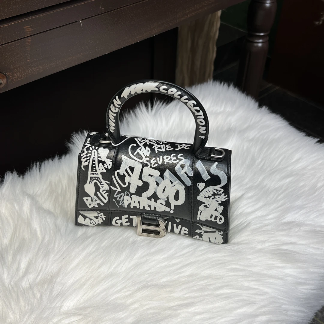 95新 Balenciaga/巴黎世家 限定款黑白涂鸦沙漏包xs 斜挎包