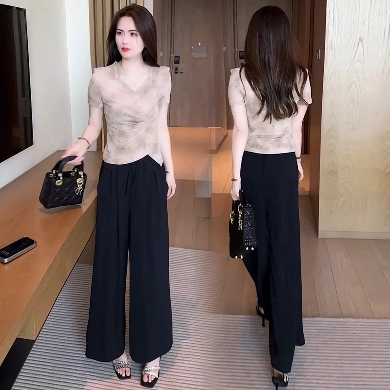 新款洋气套装女2025短袖设计感冰丝T恤百搭上衣阔腿裤显瘦两件套