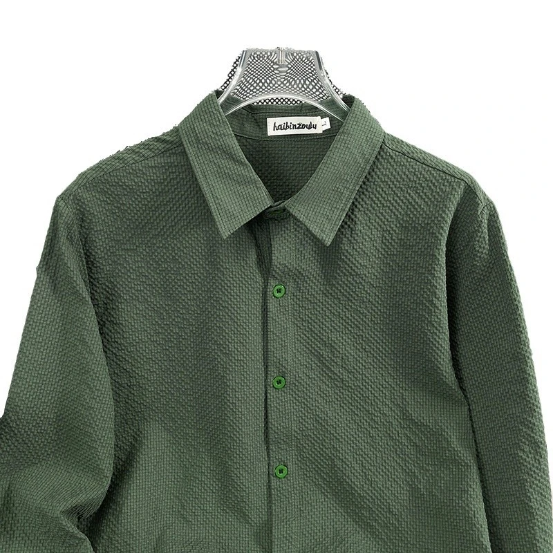 衬衣韩版上衣早秋百搭春秋季同款长袖薄款衬衫泡泡纱夏季男肌理感