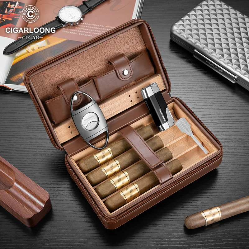 茄龙雪茄盒便携雪松木皮质雪茄盒带防风打火机保湿烟具套装CA-25A