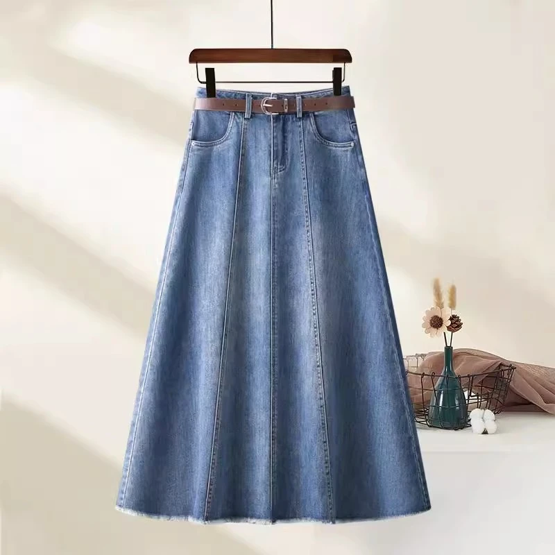 浅蓝色中长款牛仔半身裙女2025春秋流行复古水洗随性高腰a字伞裙