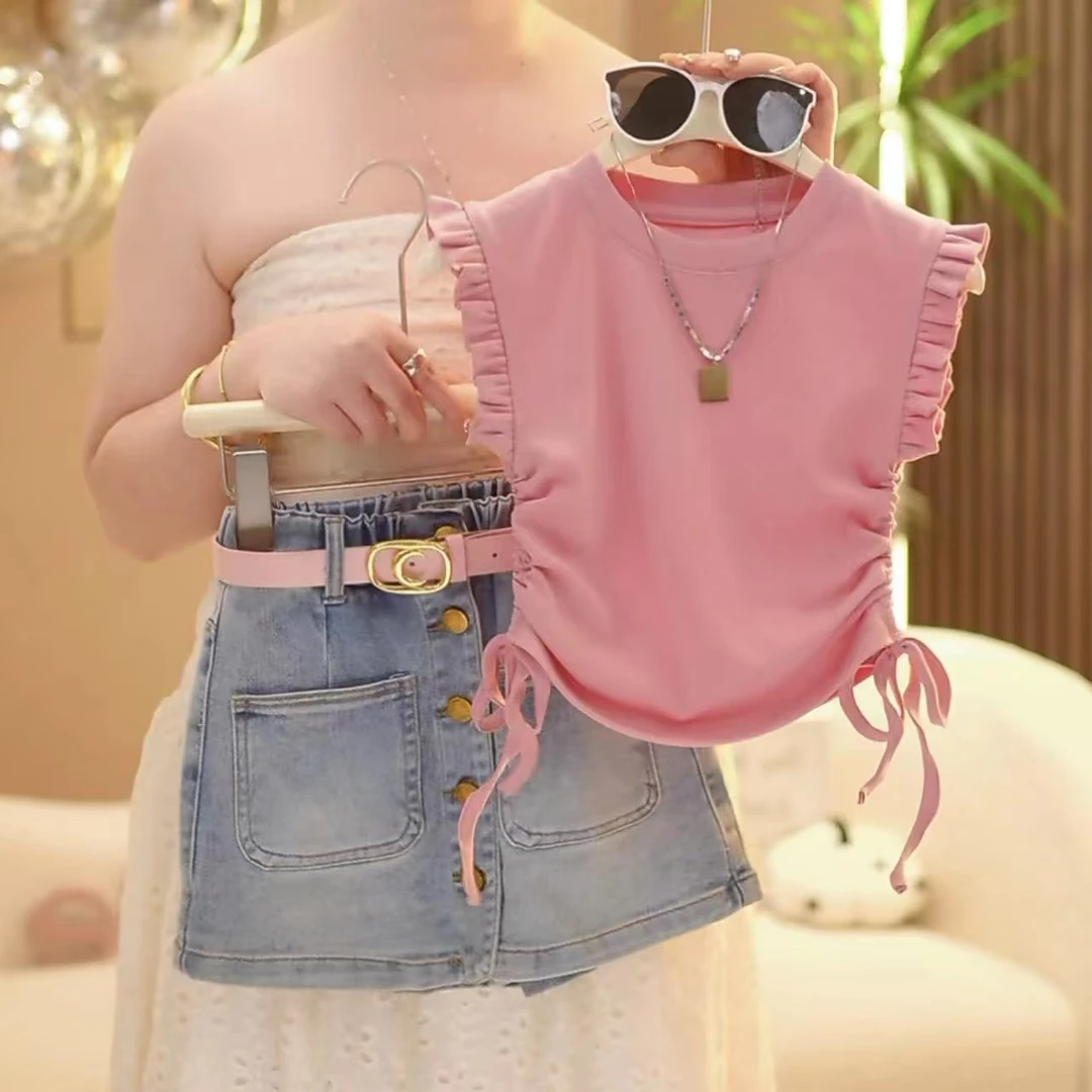 【米小洛】2025新款女童夏季洋气百搭韩版女孩 粉色牛仔裙裤套装