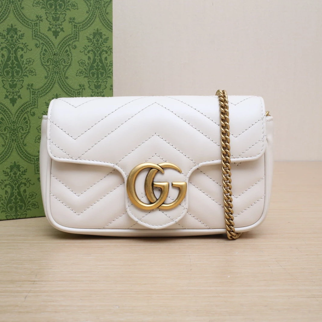 99新 GUCCI/古驰 攀攀.GG Marmont 肩背包 超Mini 白色 皮革 金扣