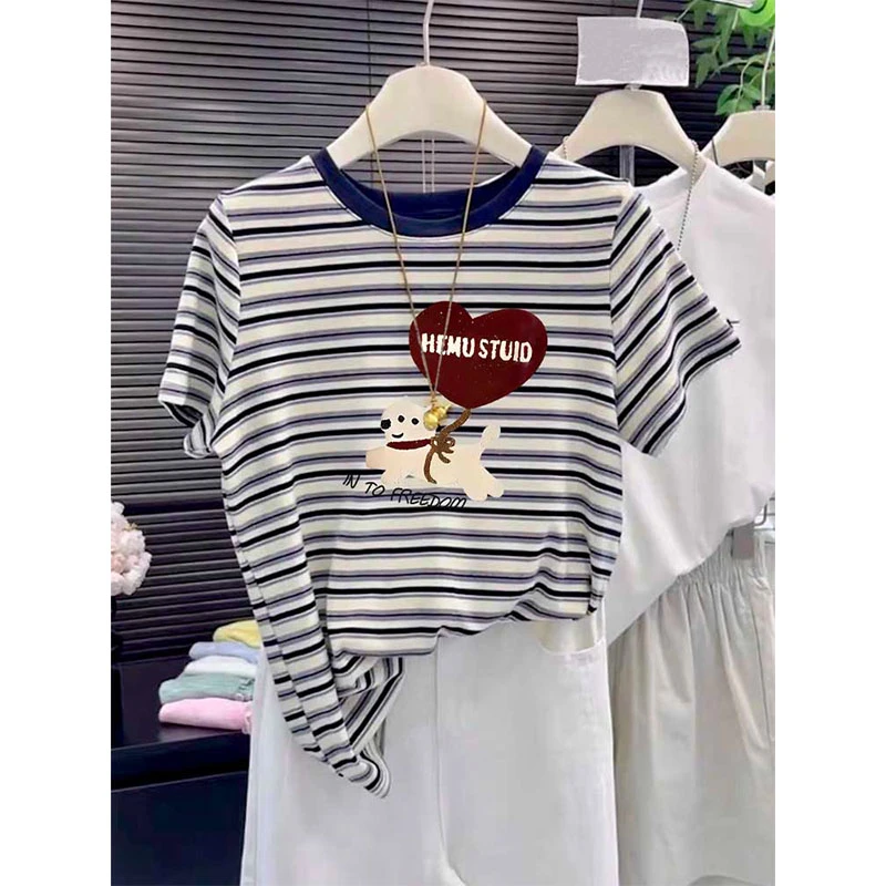 条纹拼色正肩短袖t恤女装时尚休闲百搭洋气减龄上衣夏季2025新款