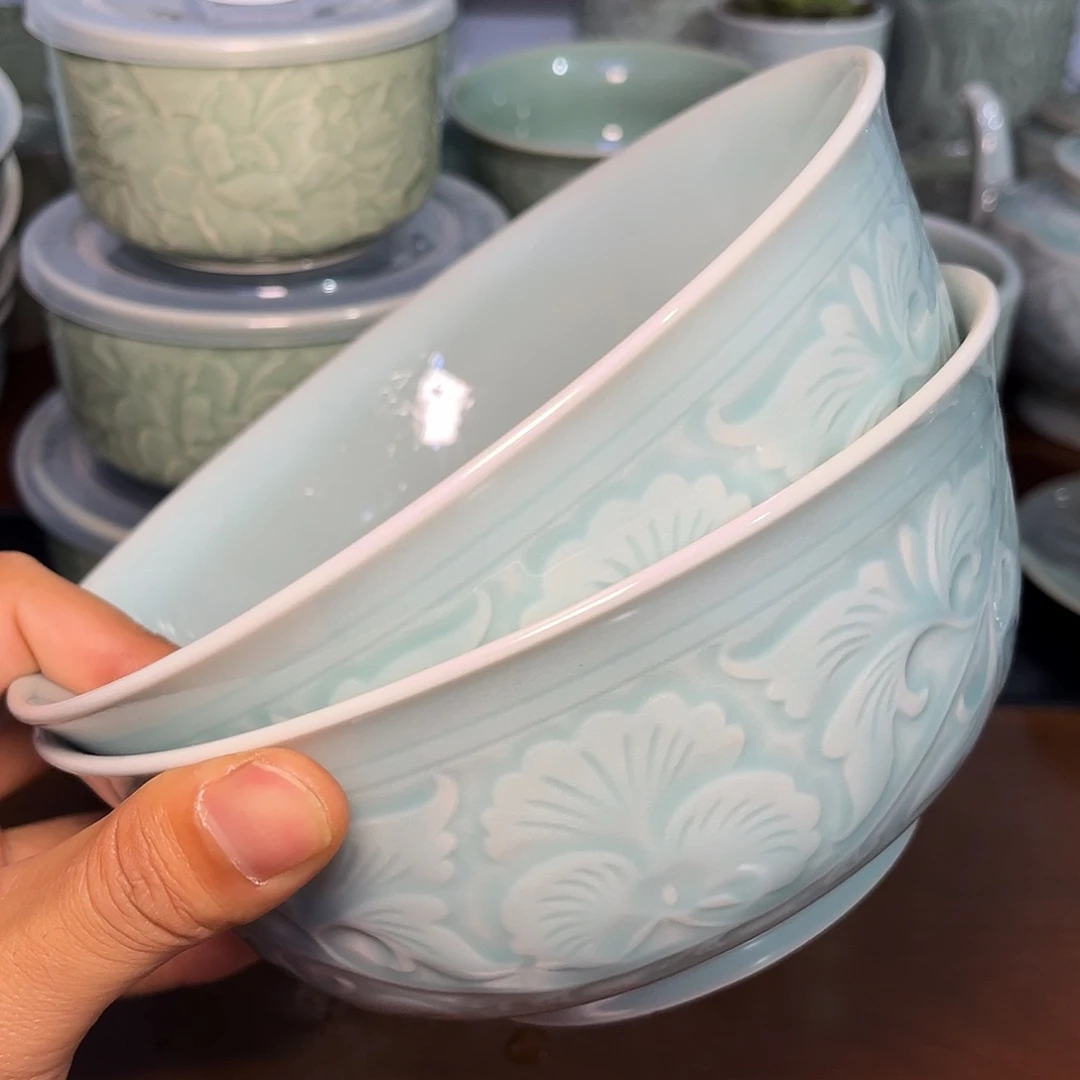 瓷微瑕天青色 7 英寸牡丹碗 2 只