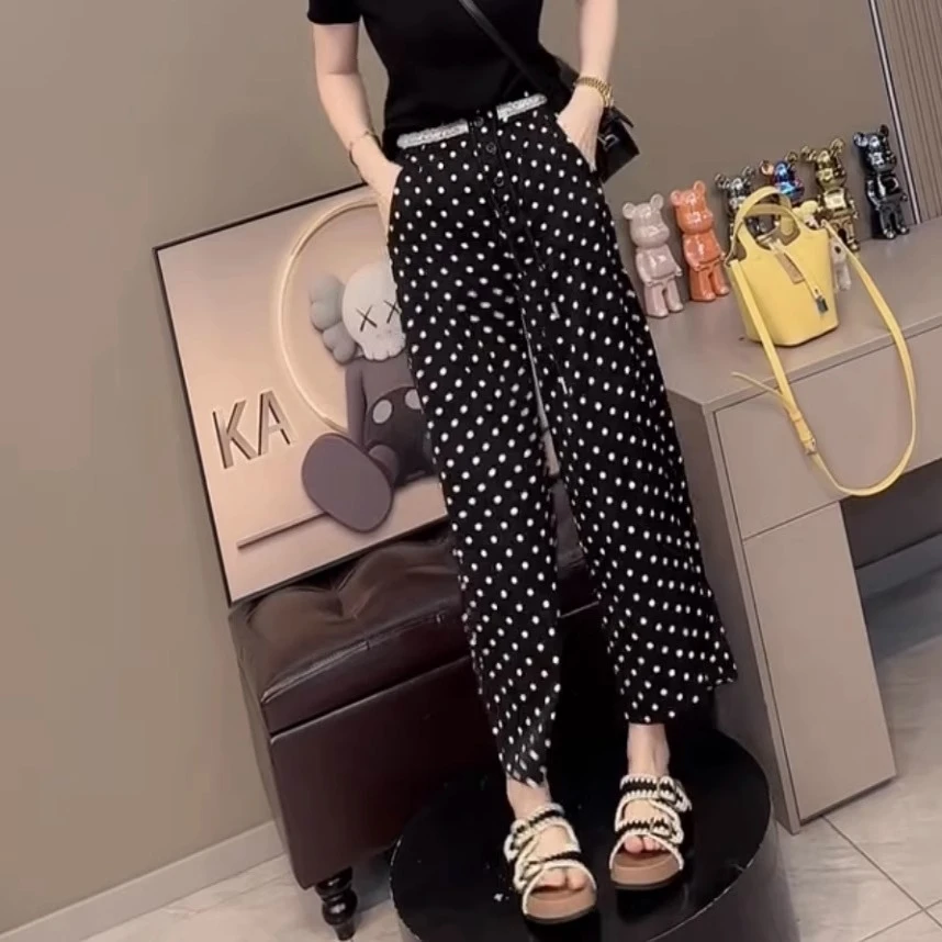 大码女装直筒休闲裤女大码2025夏季薄款韩版波点印花九分阔腿裤子