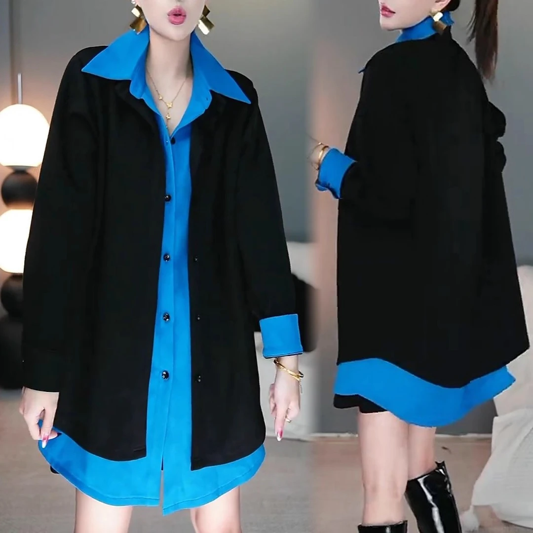 秋冬季长袖拼接假两件上衣女休闲百搭时尚日常显白大码中长款衬衫