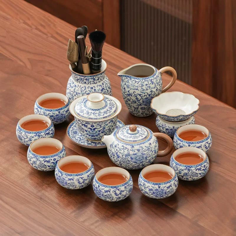 汝窑缠枝莲整套功夫茶具套装家用新款泡茶专用茶壶茶杯高端全套