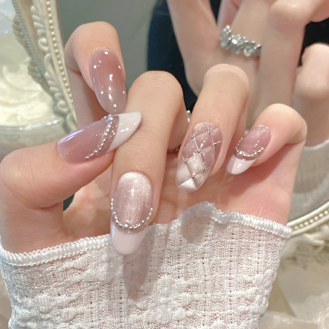 秋冬显白短款穿戴甲温柔菱格法式珍珠猫眼蝴蝶结纯欲纯手工穿戴甲