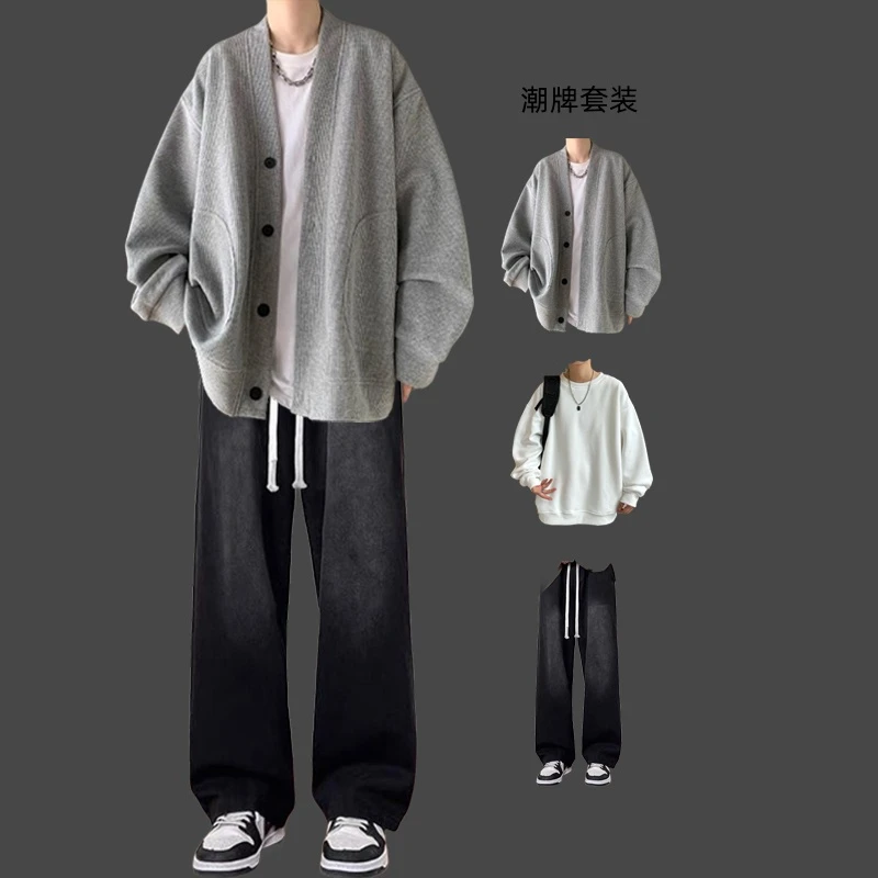 秋冬韩系外套男士套装宽松ins慵懒风休闲男装搭配复古水洗牛仔裤