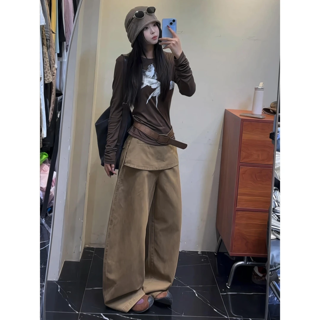 美式复古色假两件屁帘工装阔腿裤女2025秋季新款街头辣妹休闲裤子
