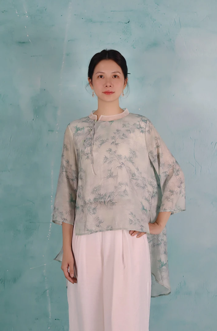 清新文艺竹叶印花手工扣设计感小众上衣新中式仙仙上衣